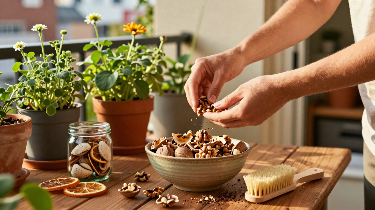 Mãos abrindo nozes sobre uma tigela em mesa de madeira com plantas, pote de biscoitos e escova ao redor.