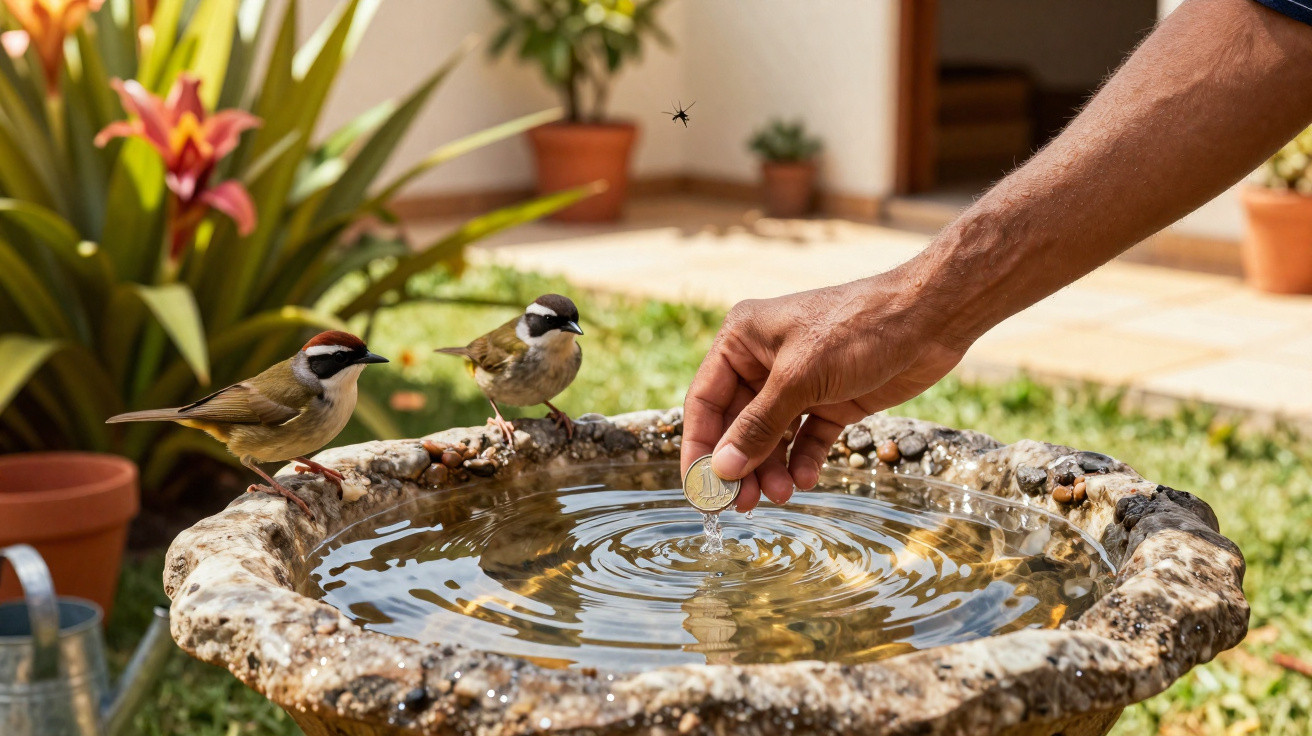Mão segurando moeda sobre fonte de pedra enquanto dois passarinhos estão em sua borda em jardim.