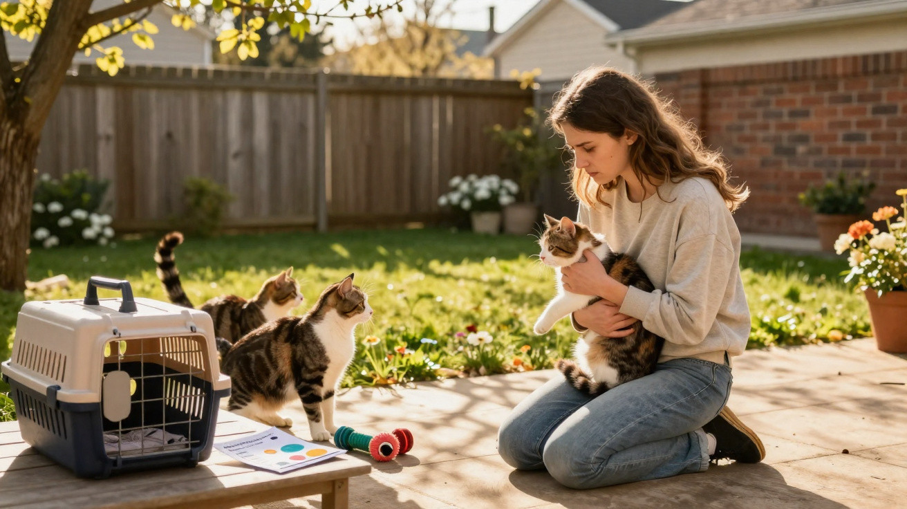 Mulher jovem acariciando gato enquanto outros três gatos observam em jardim ensolarado com brinquedos e transportadora.