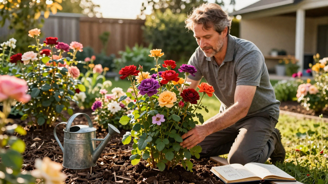 Homem cuidando de flores coloridas em jardim ensolarado com regador e caderno aberto ao lado.