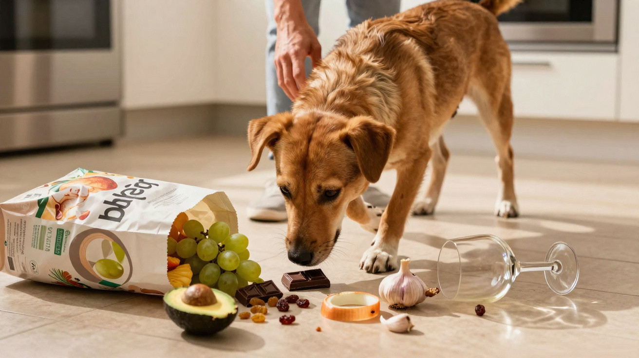 Cachorro curioso cheira alimentos perigosos caídos no chão da cozinha, como uvas, chocolate e alho.