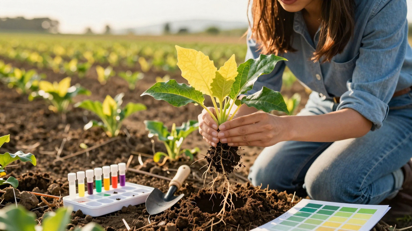 Mulher vestindo camisa jeans plantando muda em solo com teste químico e amostra de cores ao lado.