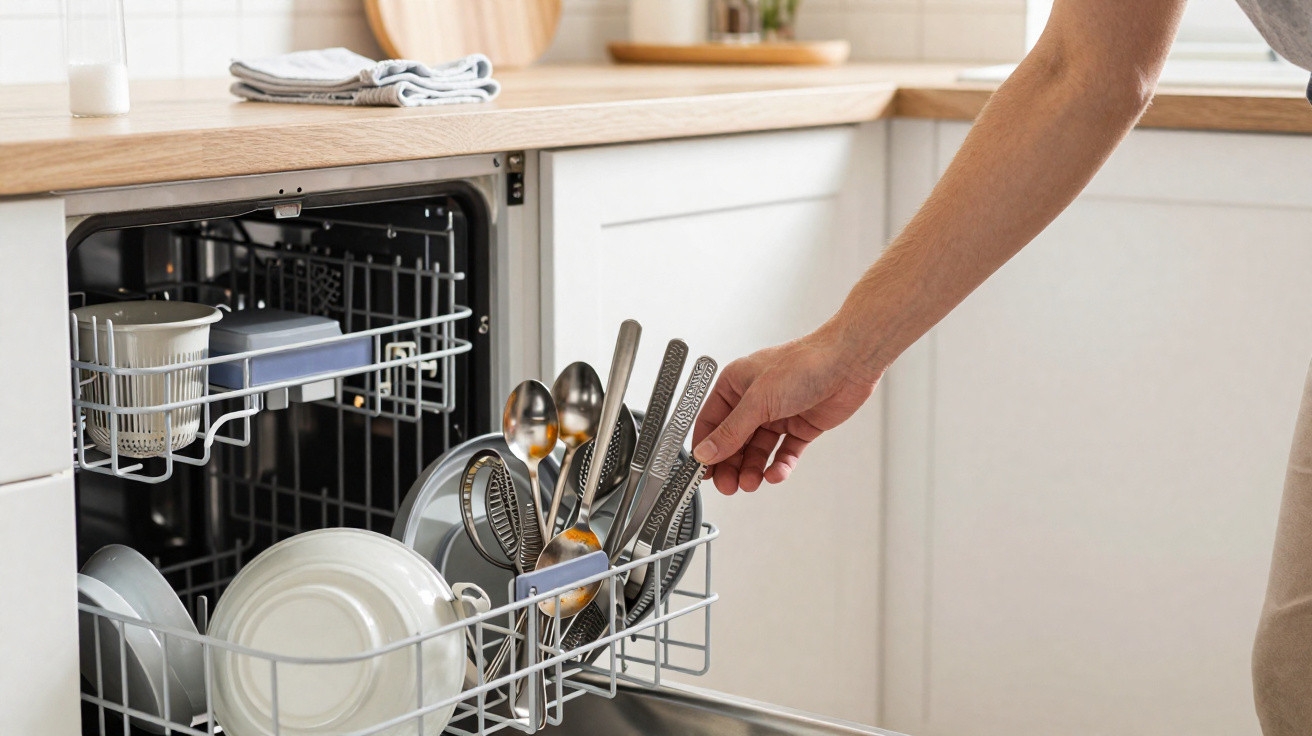Pessoa retirando talheres de uma máquina de lavar louça cheia em cozinha clara e organizada.