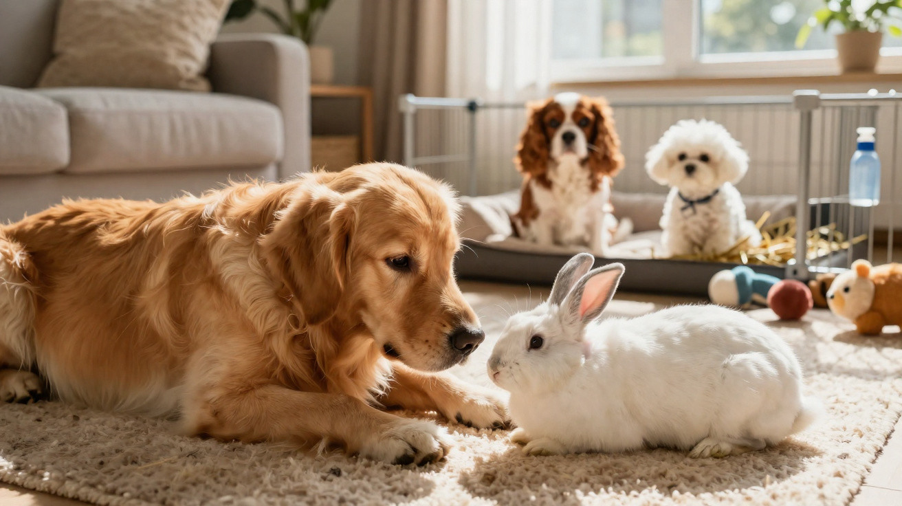 Cachorro dourado deitado olhando para coelho branco em tapete, com dois cães ao fundo em sala iluminada.
