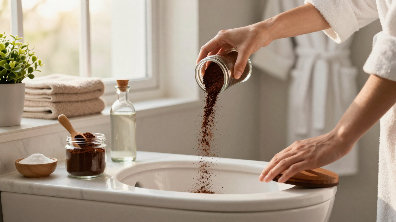 Pessoa despejando esfoliante corporal em cuba de banheiro com itens de cuidado e toalhas ao lado