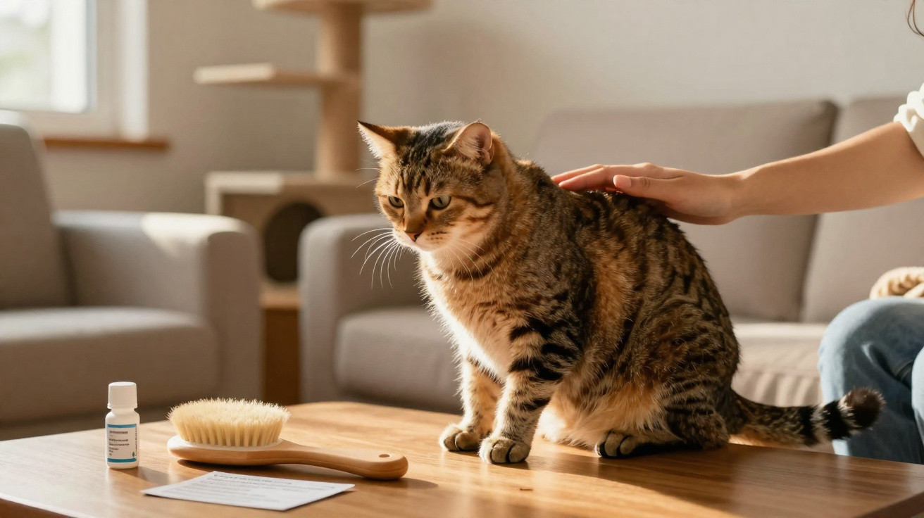 Gato malhado sentado em mesa de madeira com escova de pelos, medicamento e mão humana acariciando-o.