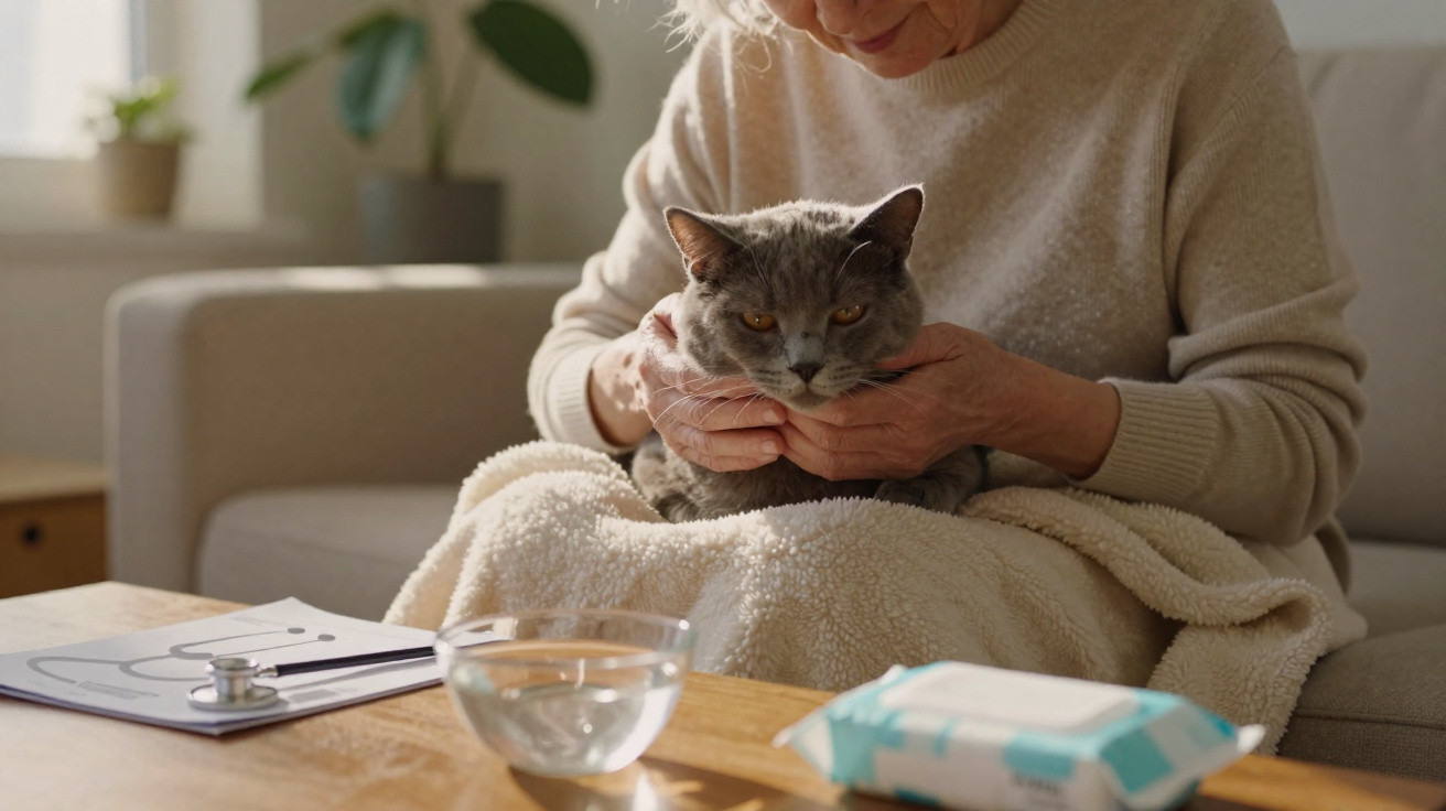 Mulher idosa acariciando gato cinza no colo, sentada em sofá com manta clara.