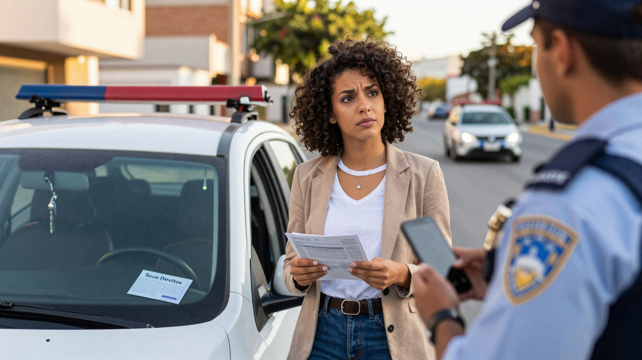 Mulher conversa com policial sobre documento próximo a carro branco estacionado na rua durante o dia.