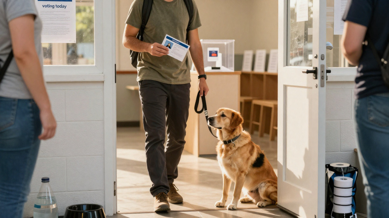 Pessoa com cão guia entrando em local de votação segurando título eleitoral, com outras pessoas ao redor.