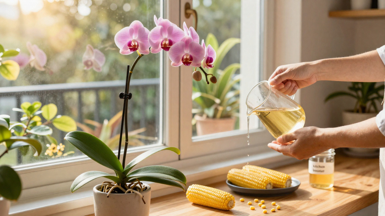 Pessoa regando orquídea rosa em vaso perto da janela com espigas de milho sobre bancada de madeira.