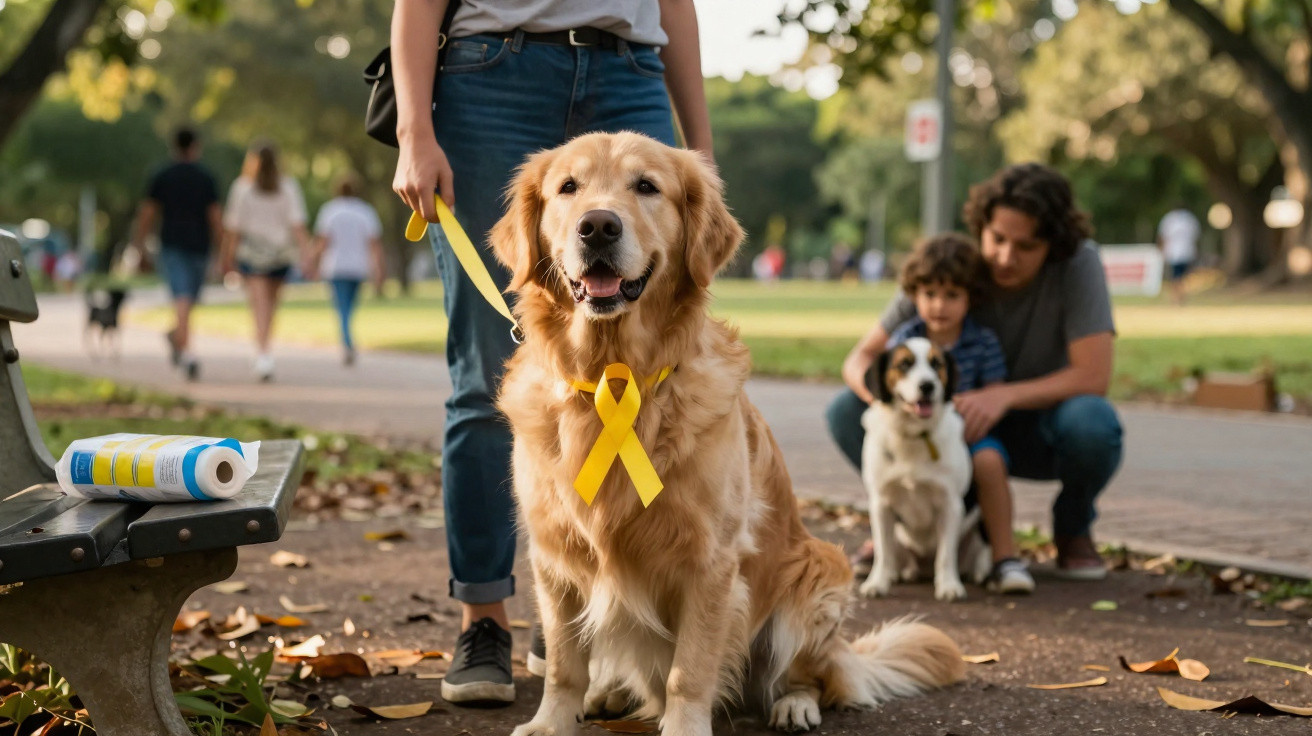 Cachorro golden retriever com laço amarelo no pescoço, sentado na coleira em parque, com pessoas ao fundo.
