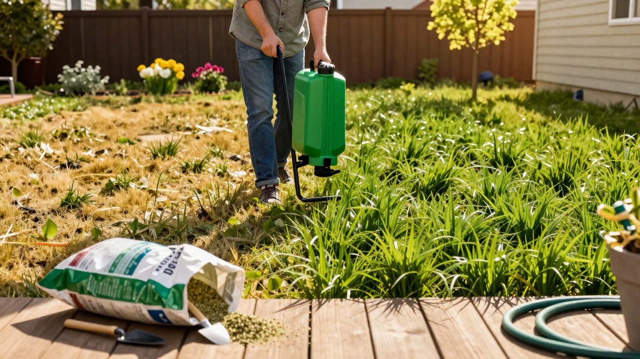 Pessoa aplicando fertilizante em plantas verdes em jardim com saco de fertilizante e regador ao lado.