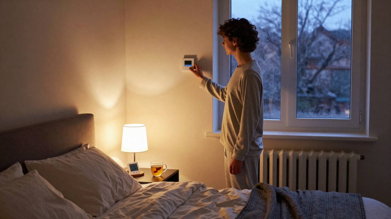 Pessoa ajustando termostato digital em quarto com cama arrumada e luz de abajur acesa ao entardecer.