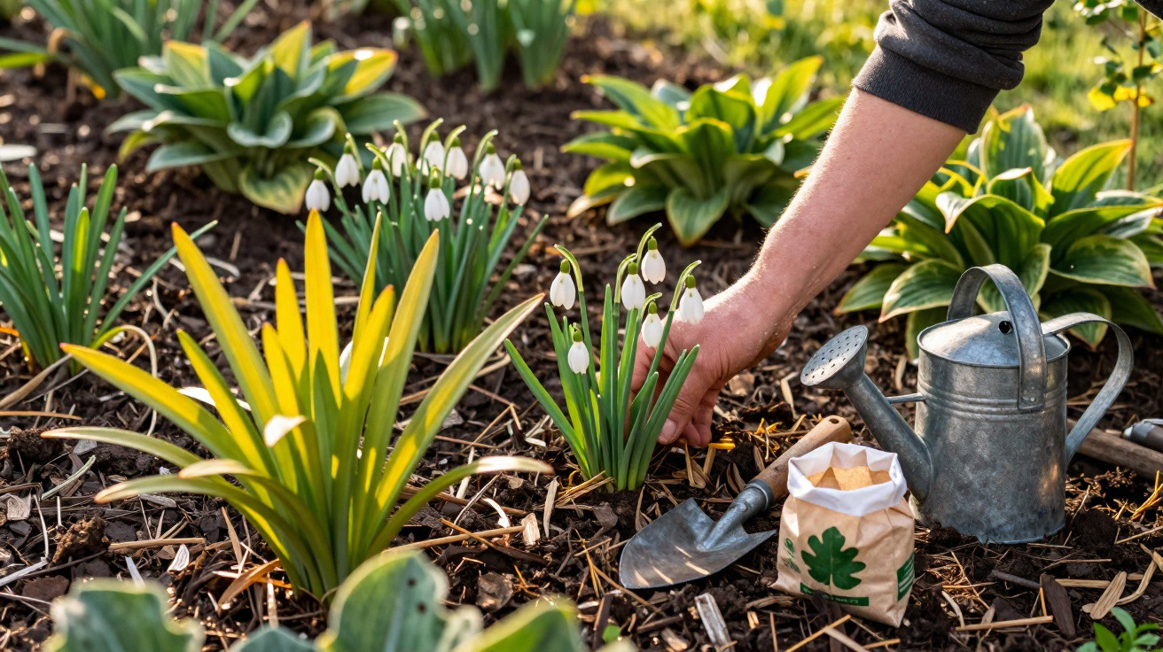 Pessoa cuidando de flores brancas em jardim com regador, pá e sacola de fertilizante.