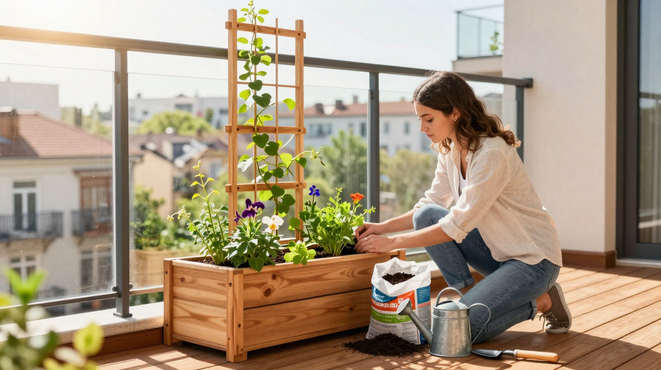 Mulher cuidando de plantas em jardineira de madeira na varanda de um apartamento ensolarado.