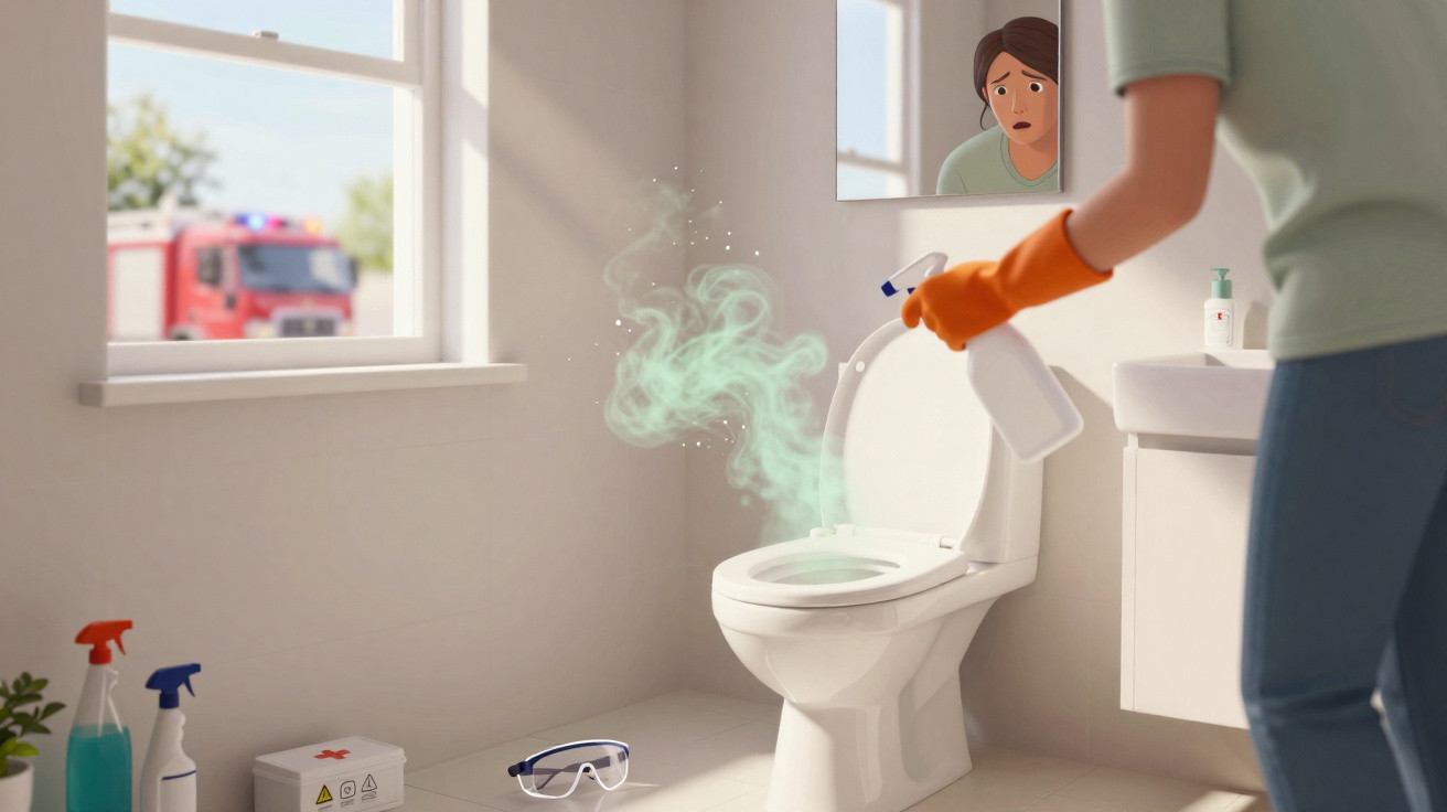 Pessoa com luva laranja limpando vaso sanitário com fumaça verde saindo, refletida em espelho com expressão preocupada.