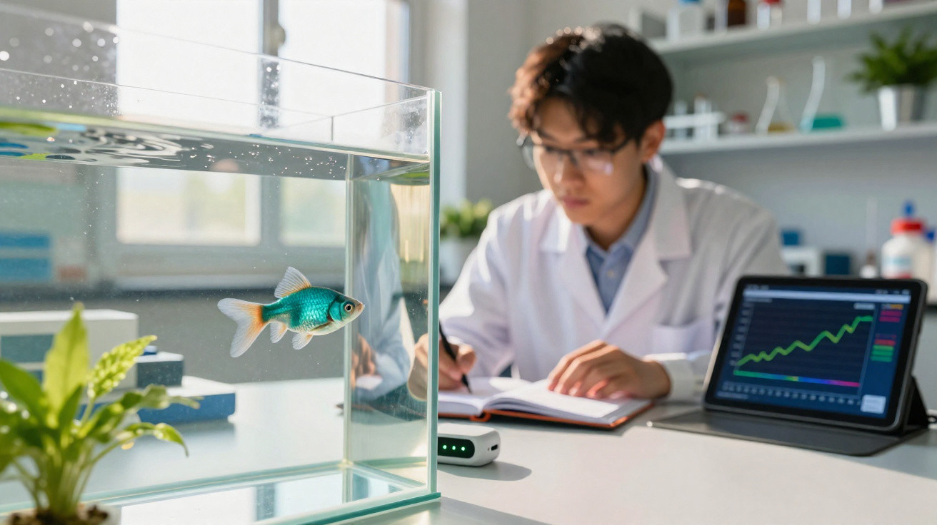 Especialista em laboratório observa peixe em aquário enquanto registra dados em caderno ao lado de tablet com gráficos.