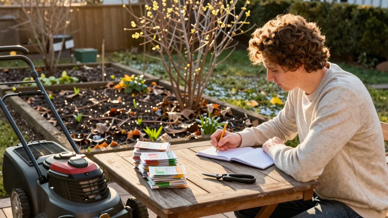 Jovem sentado em mesa no jardim, escrevendo em caderno, com pacotes de sementes e cortador à frente.