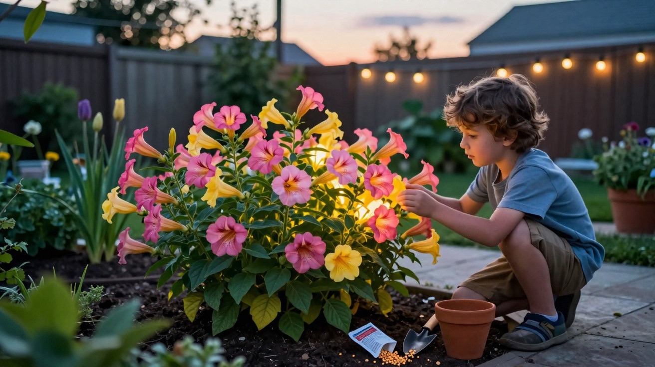 Criança cuidando de flores coloridas em jardim ao entardecer com luzes ao fundo.
