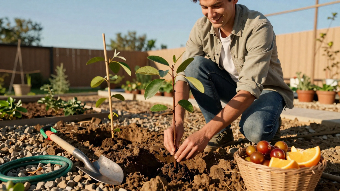 Homem plantando muda em jardim ao ar livre com cesta de frutas e regador ao lado.