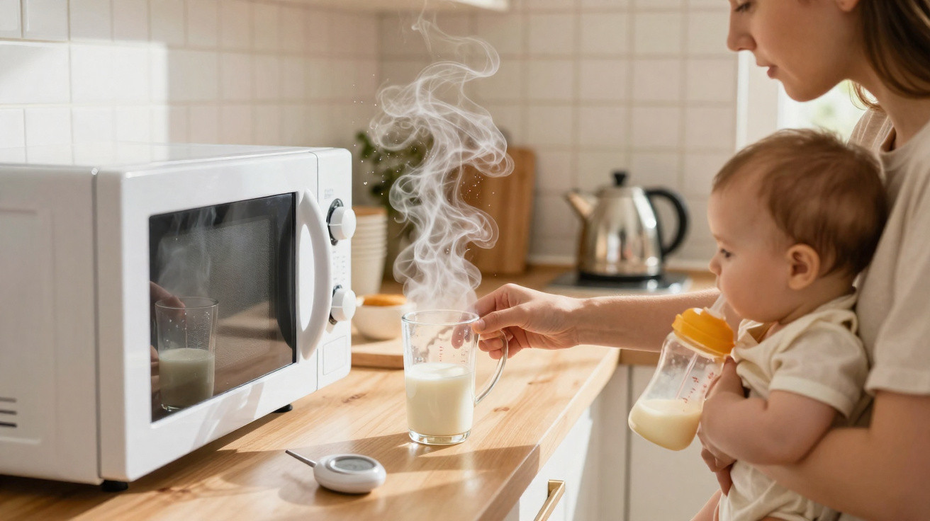 Mulher segurando bebê enquanto aquece leite em copo ao lado de micro-ondas na cozinha.