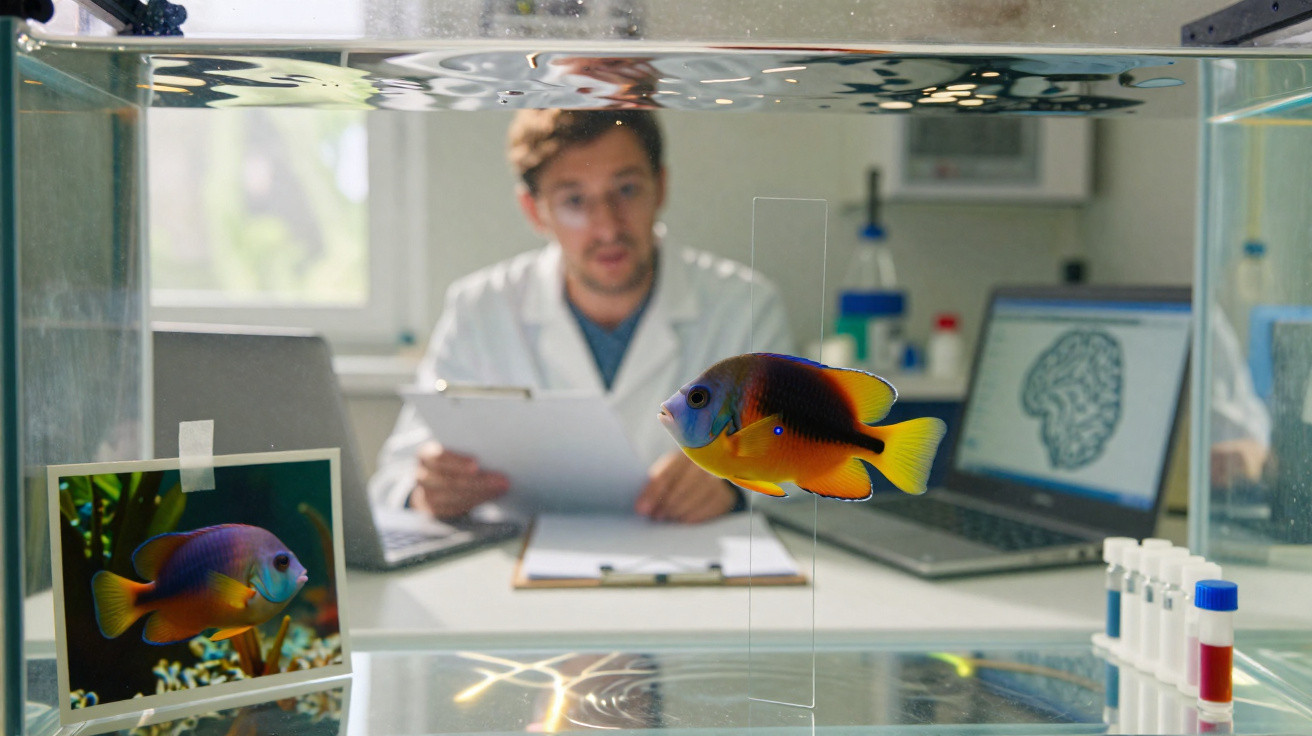 Peixe colorido em aquário com cientista e equipamentos de laboratório ao fundo em ambiente de pesquisa.