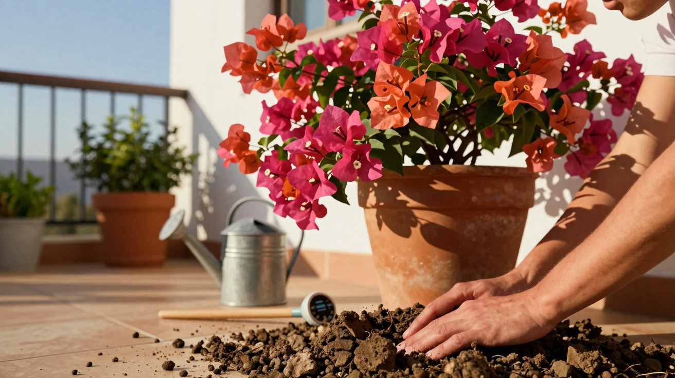 Mãos cuidando da terra ao lado de vaso com flor rosa e laranja em varanda ensolarada, regador e ferramentas ao fundo.