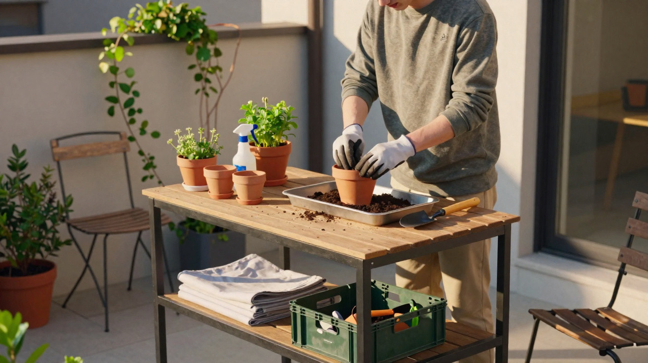 Pessoa plantando muda em vaso de cerâmica sobre mesa em varanda ensolarada com ferramentas de jardinagem.