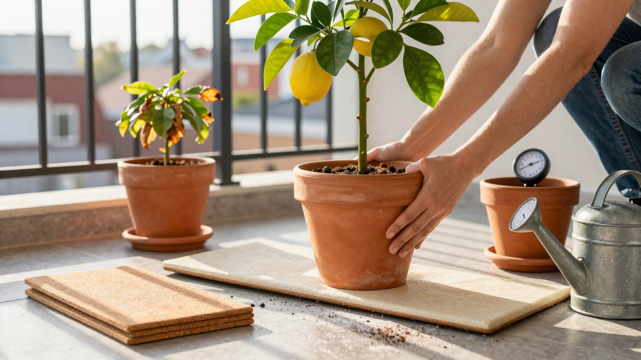 Pessoa cuidando de planta de limão em vaso de barro em varanda ensolarada com regador ao lado.