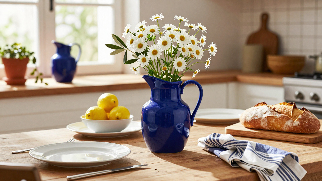 Vaso azul com flores brancas, limões em prato, pão e toalha em mesa de madeira na cozinha iluminada.