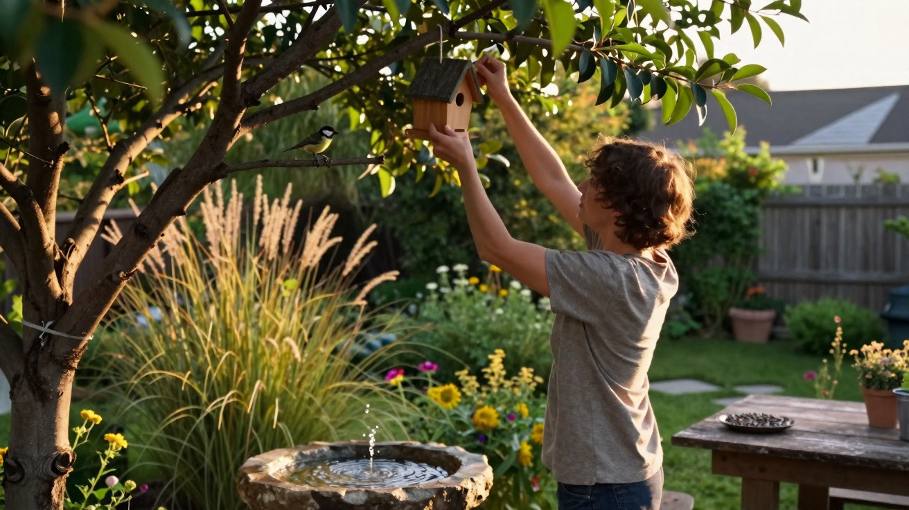 Criança colocando uma casinha de passarinho em árvore em jardim com plantas e fonte.