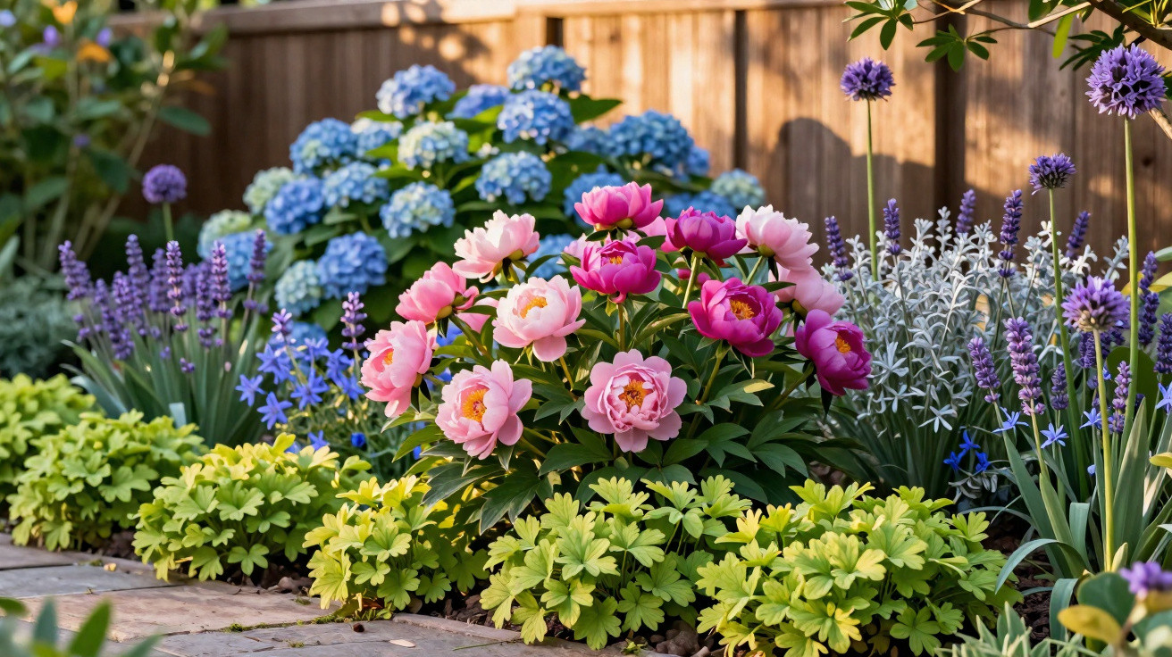 Jardim colorido com flores rosas, roxas e azuis, folhagens verdes e cerca de madeira ao fundo.