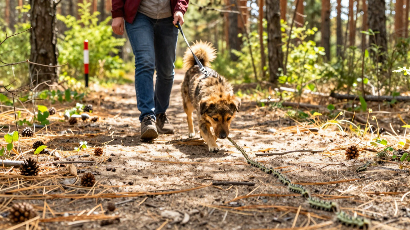 Pessoa caminhando com cachorro em trilha de floresta cercada por árvores e pinhas.