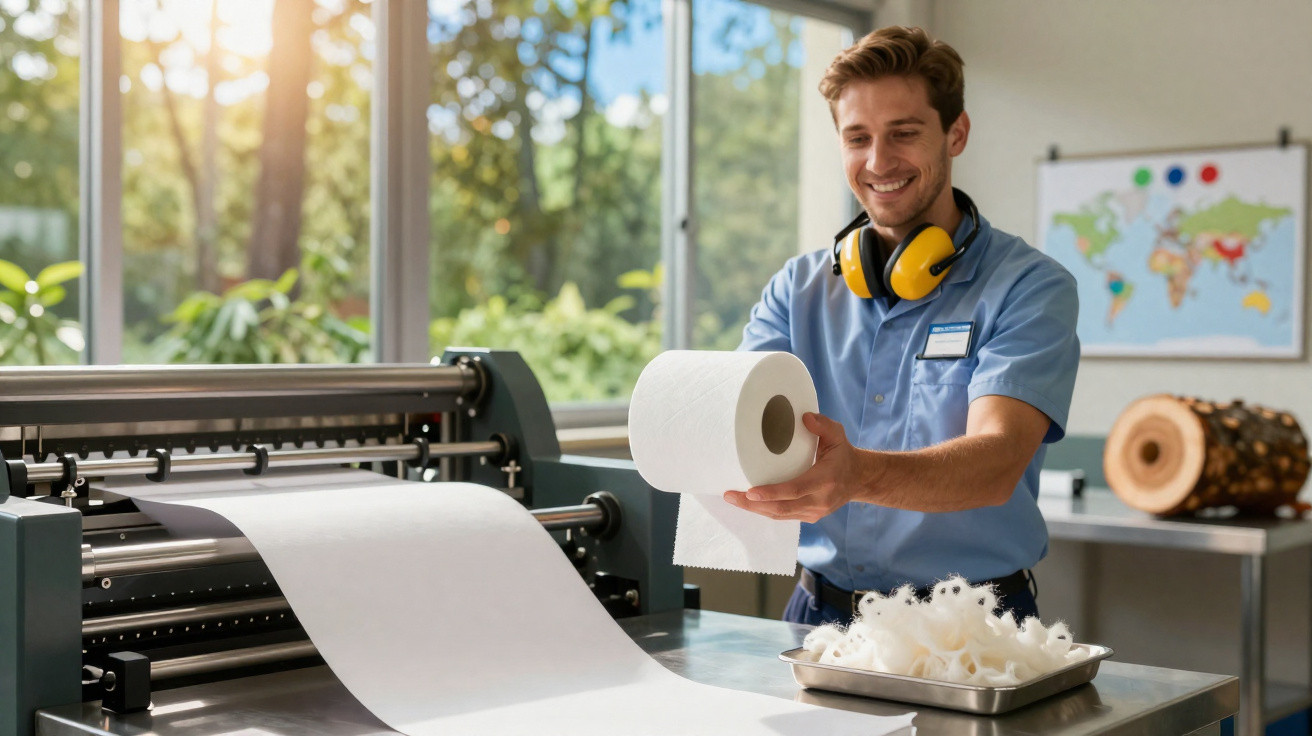 Homem em fábrica segurando papel higiênico e sorrindo perto de máquina de produção.