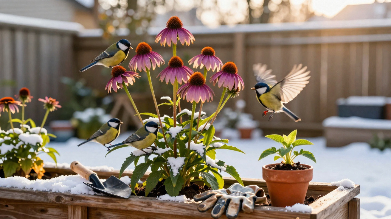Pássaros pousados e voando em flores roxas com neve leve em canteiro de jardim elevado ao ar livre.