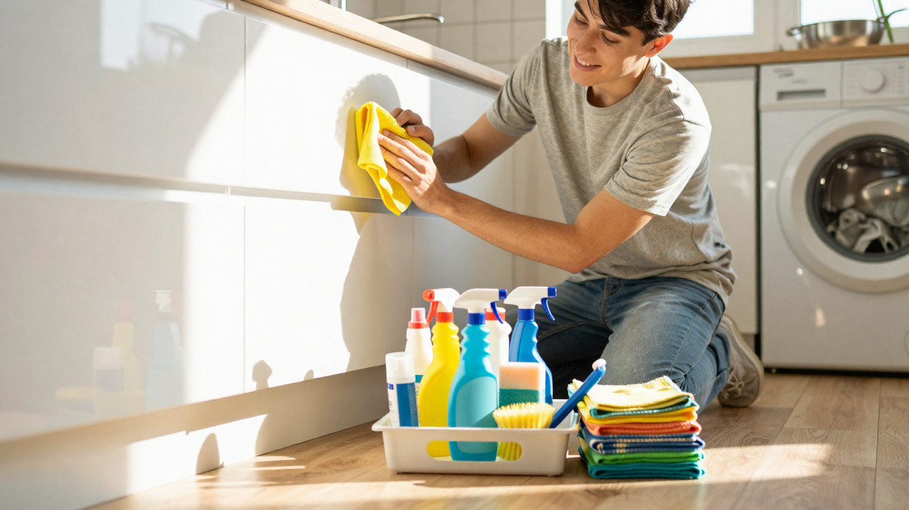 Jovem limpando armário da cozinha com pano amarelo e produtos de limpeza ao lado no chão de madeira.