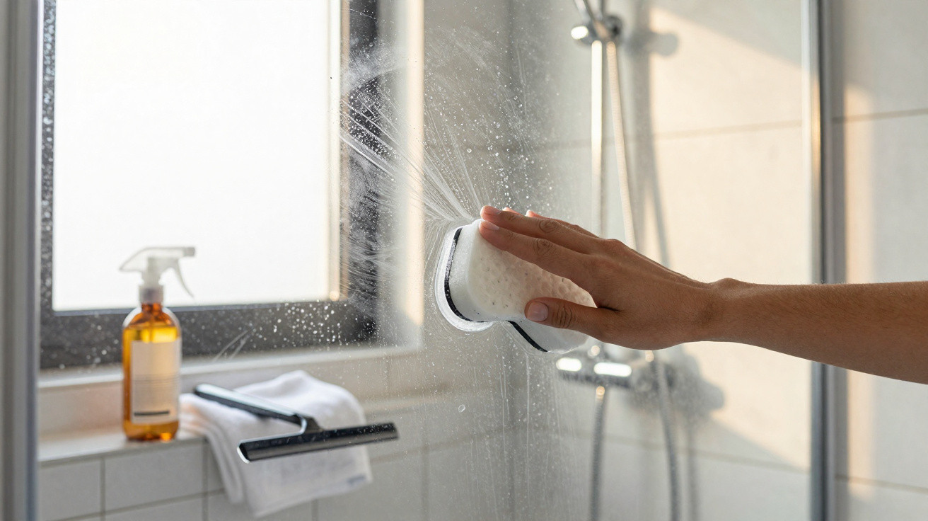 Mão usando esponja para limpar vidro do box do banheiro com produto e toalha ao fundo.
