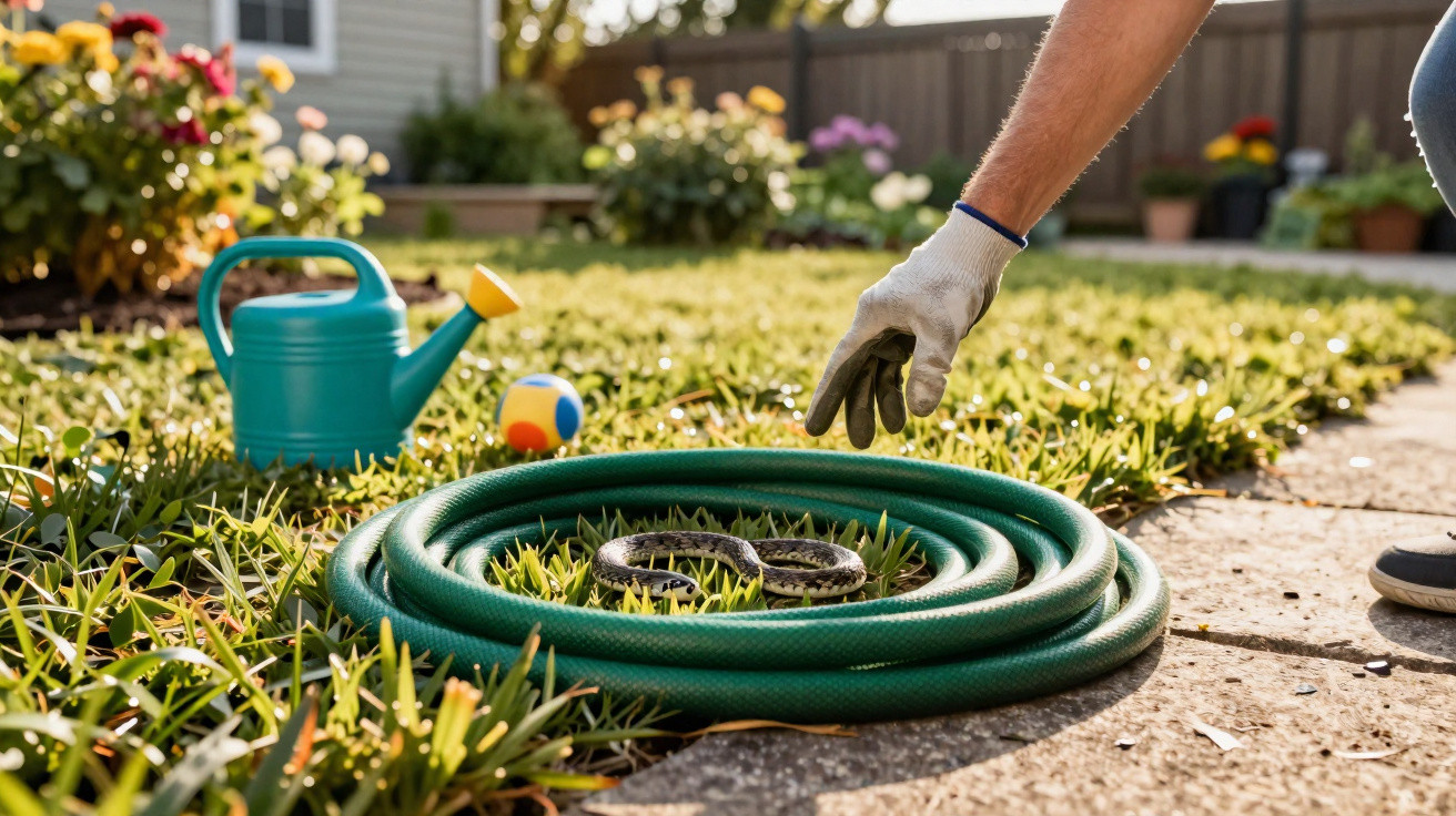 Mão com luva se aproxima de cobra enrolada dentro de mangueira de jardim em gramado.