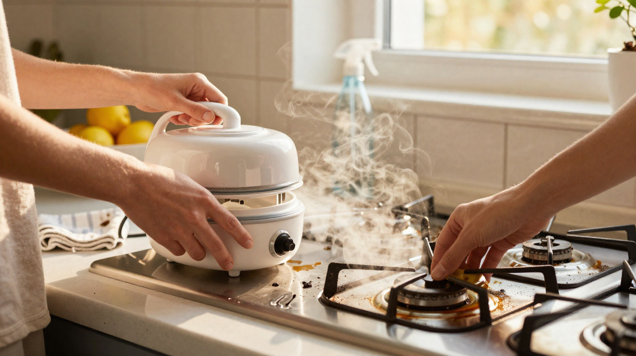 Mãos manuseando panela elétrica e acendendo fogão a gás enquanto vapor sobe na cozinha iluminada.