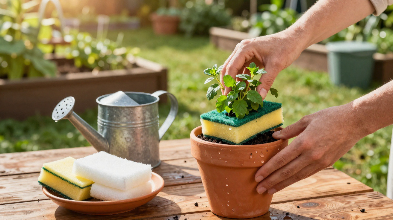 Mãos plantando muda em vaso com esponja, regador e esponjas sobre mesa de madeira ao ar livre.