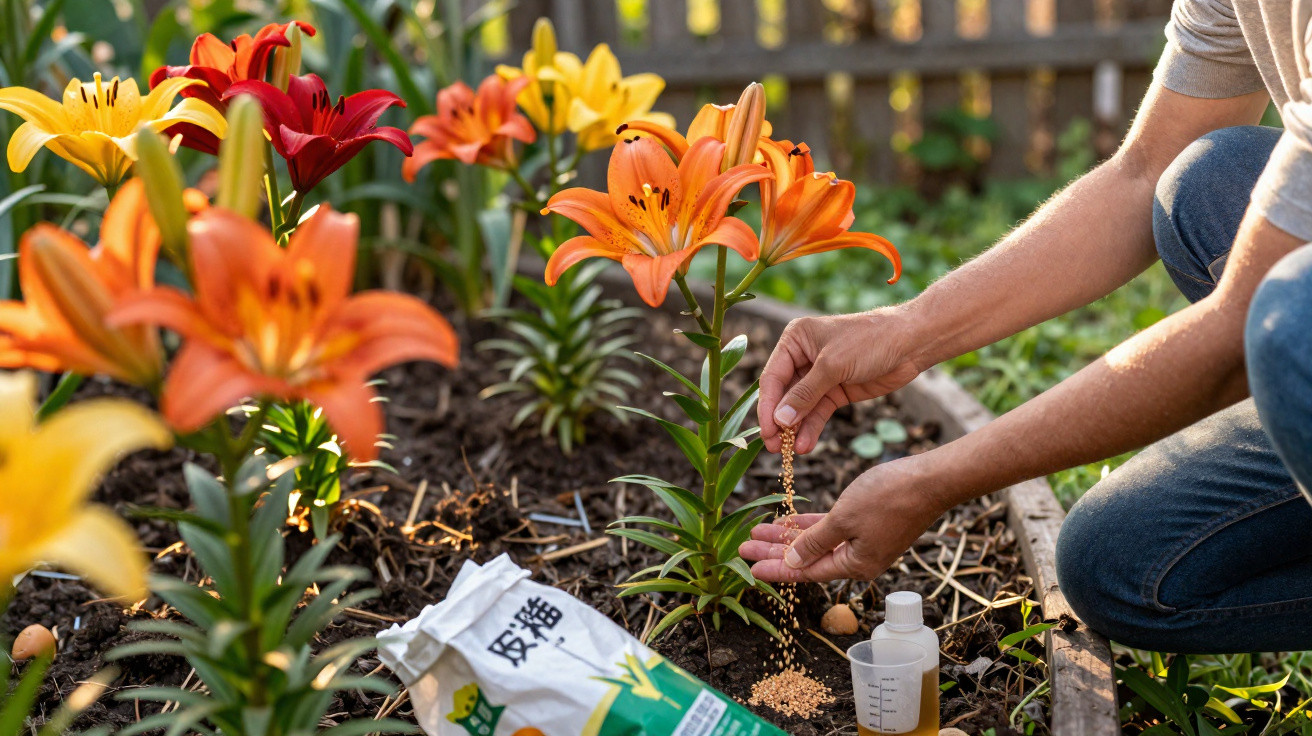 Pessoa aplicando fertilizante em flores amarelas, laranja e vermelhas em canteiro no jardim.