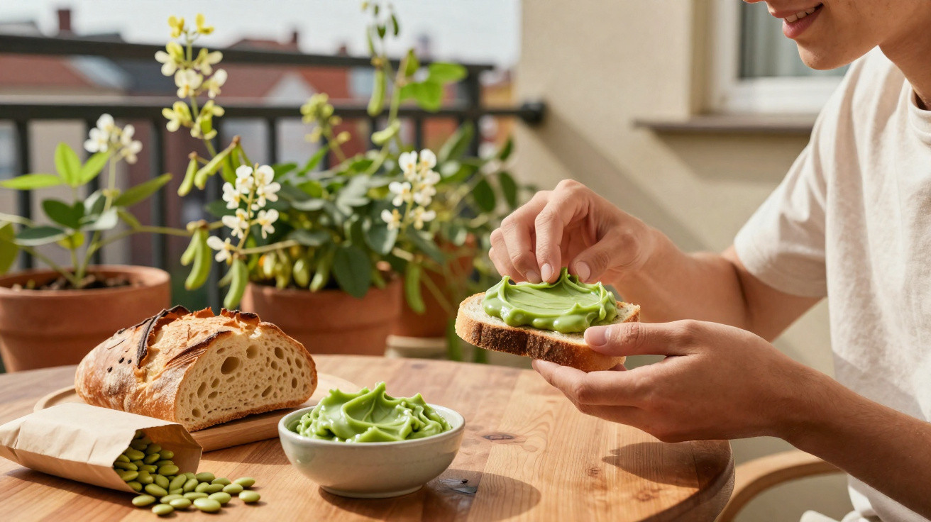 Pessoa passando pasta verde em fatia de pão, com pão, pasta e plantas ao fundo em mesa de madeira.