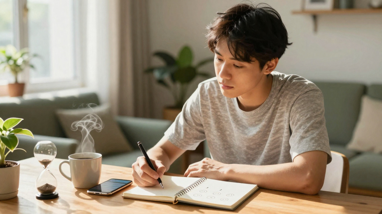 Jovem sentado à mesa escrevendo em caderno, com xícara de café quente e ampulheta ao lado.