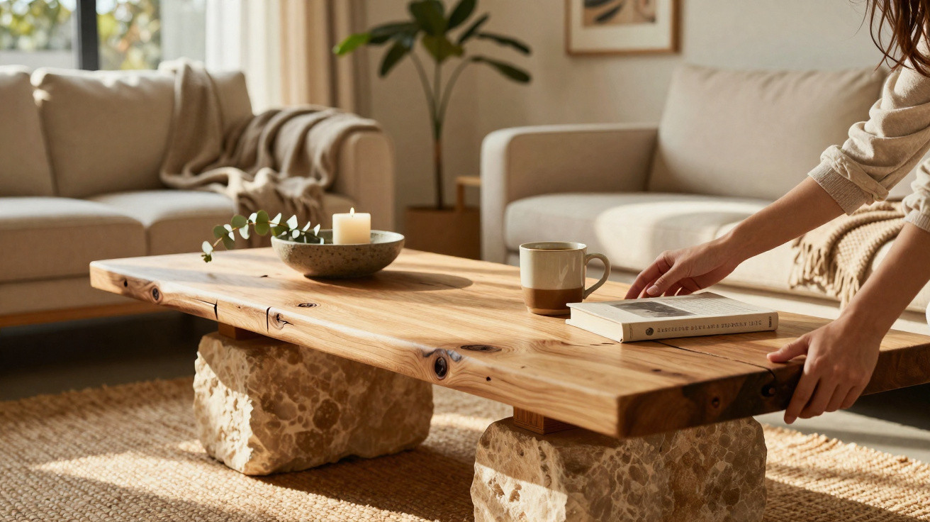 Mesa de centro de madeira rústica apoiada em pedras, com vela, xícara e livro em sala iluminada natural.