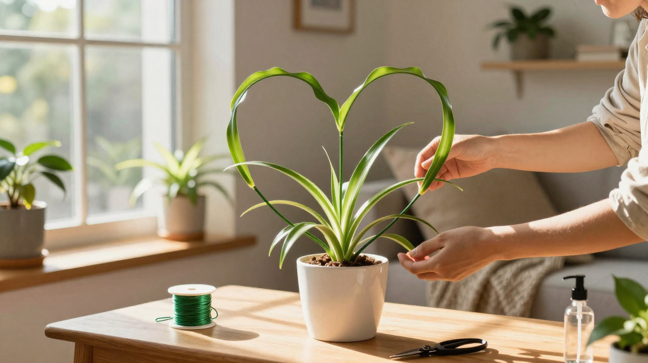 Mãos cuidando de planta em vaso branco sobre mesa de madeira em ambiente iluminado por luz natural.