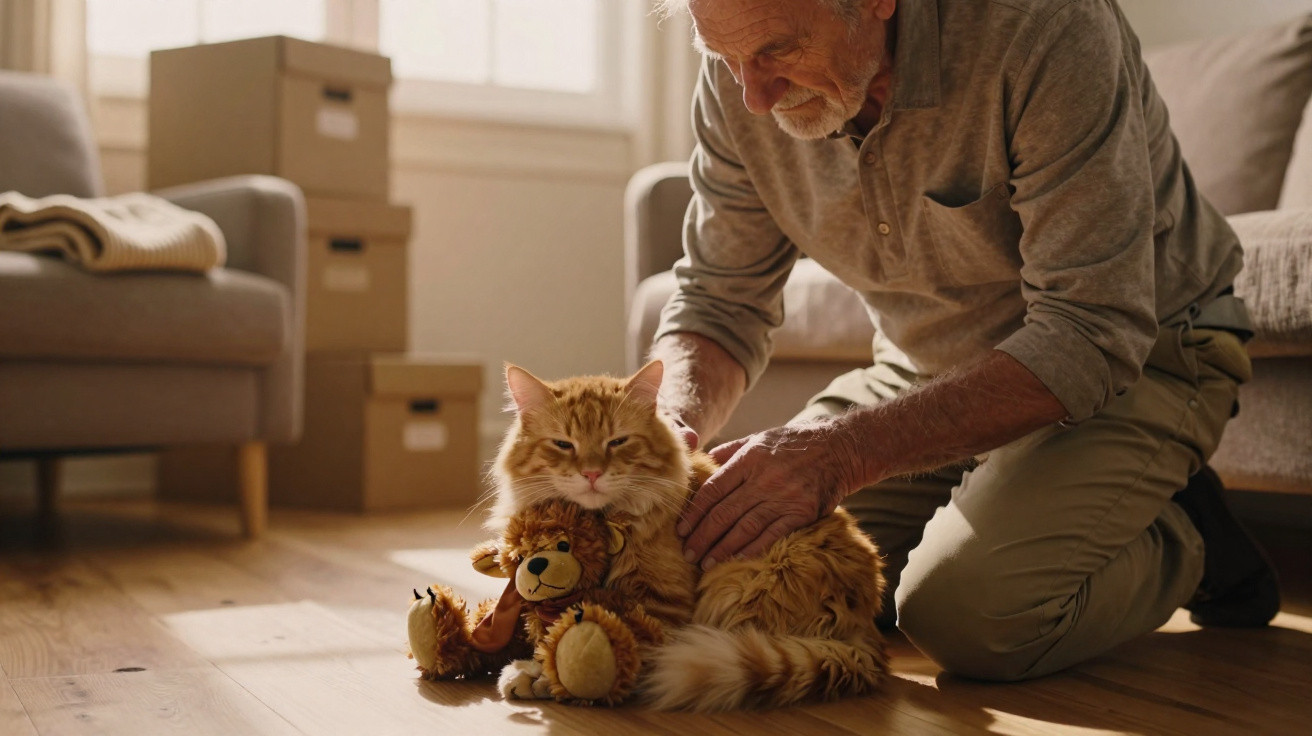 Homem idoso carinhando gato laranja que está abraçando um ursinho de pelúcia sentado no chão.