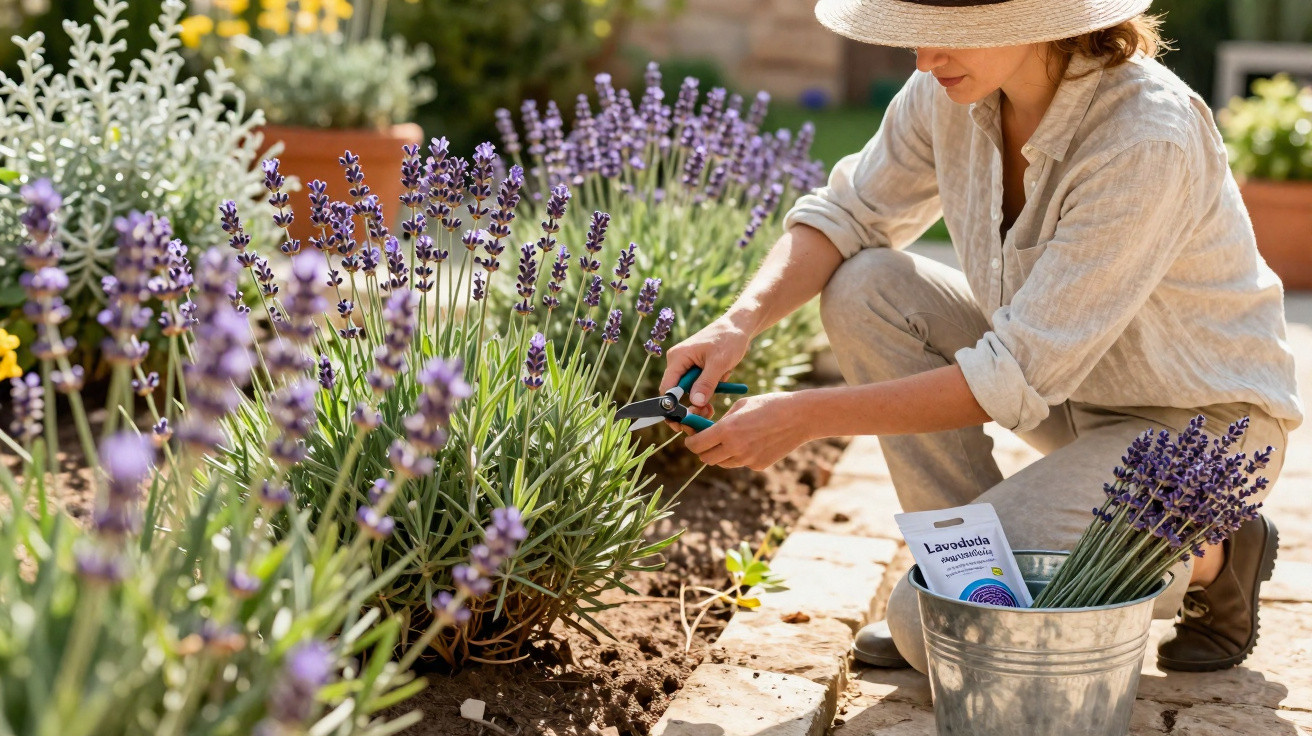 Mulher com chapéu colhendo flores de lavanda em jardim ensolarado, ao lado de balde metálico.