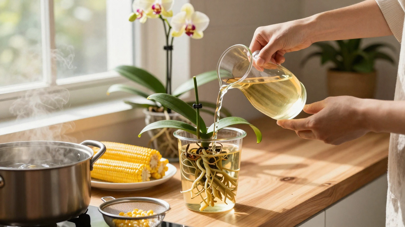Mãos regando orquídea em copo com água, fogão e milho na cozinha iluminada pelo sol.