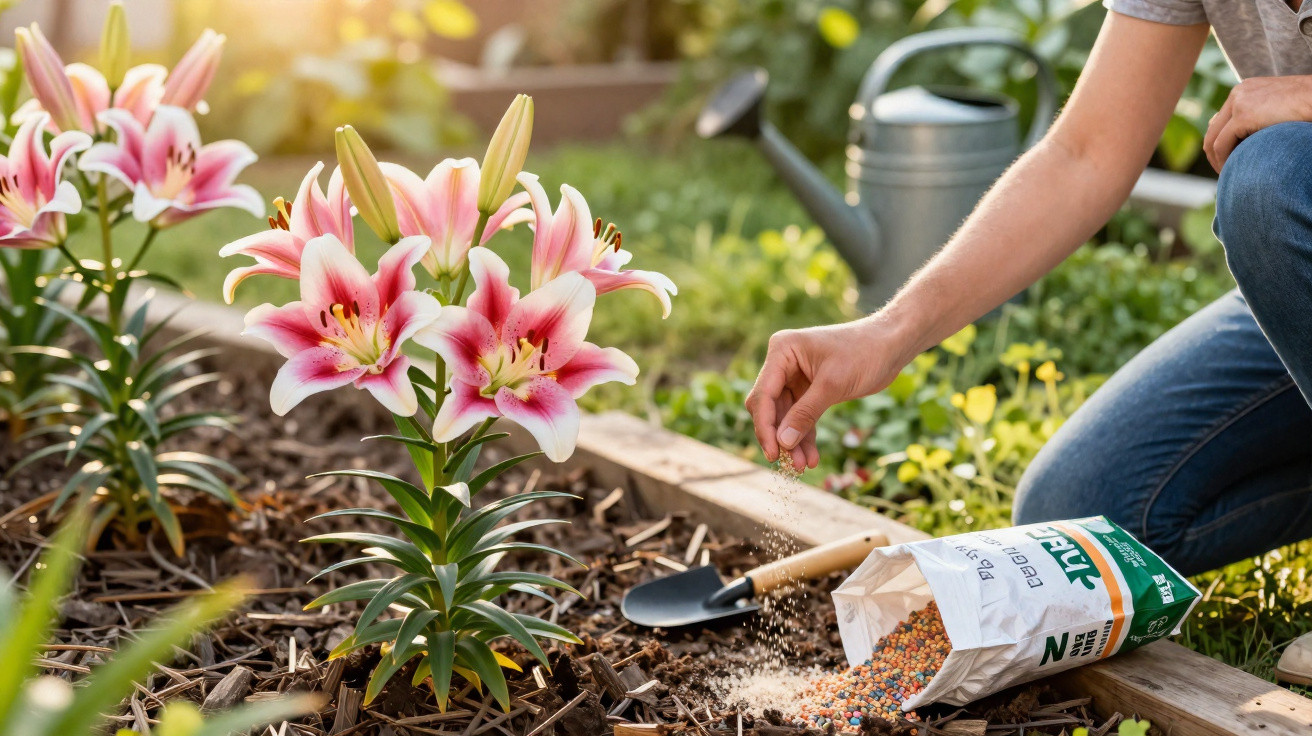 Pessoa aplicando fertilizante em plantas de lírios rosas em jardim ensolarado.