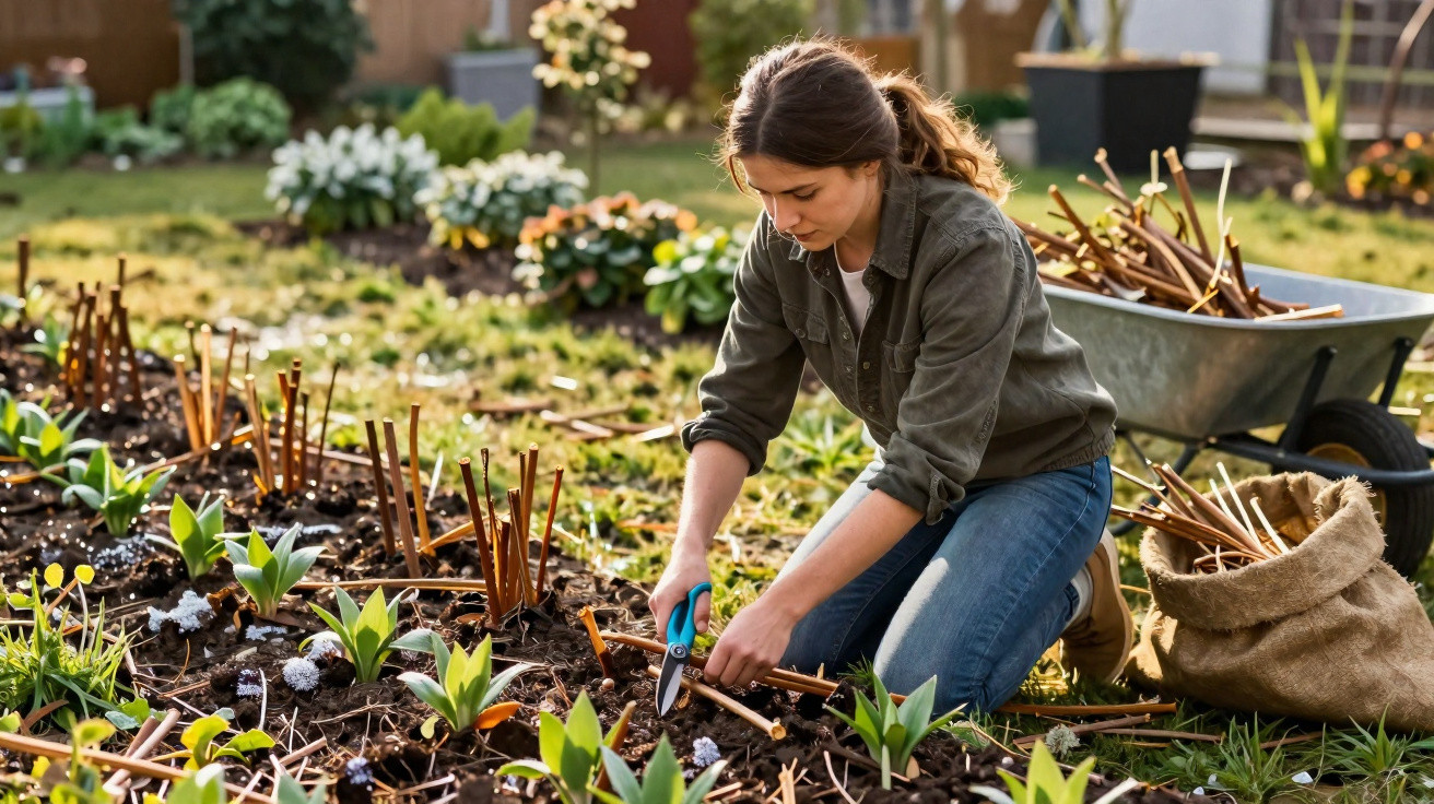 Mulher ajoelhada cuidando de mudas em jardim florido, com tesoura de poda nas mãos.